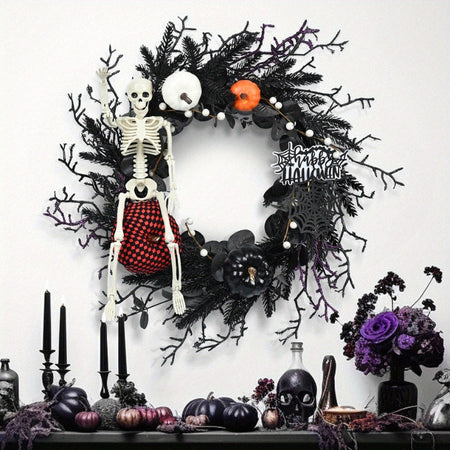 Halloween Wreath with Skeleton and Pumpkin Decor