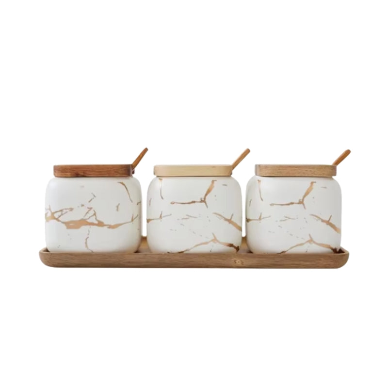 MarbleNest – Ensemble de pots à épices en porcelaine avec couvercles hermétiques et plateau en bois  