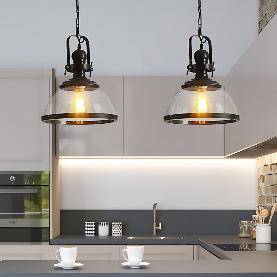 IronLume - Suspension industrielle vintage avec dôme en verre pour une décoration de cuisine et salle à manger stylée  