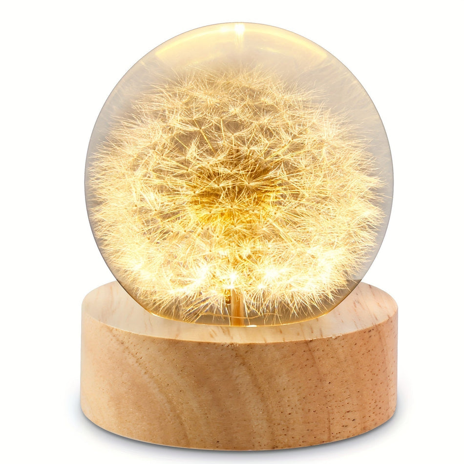 FluffGlow - Lampe boule de cristal LED avec pied en bois élégant