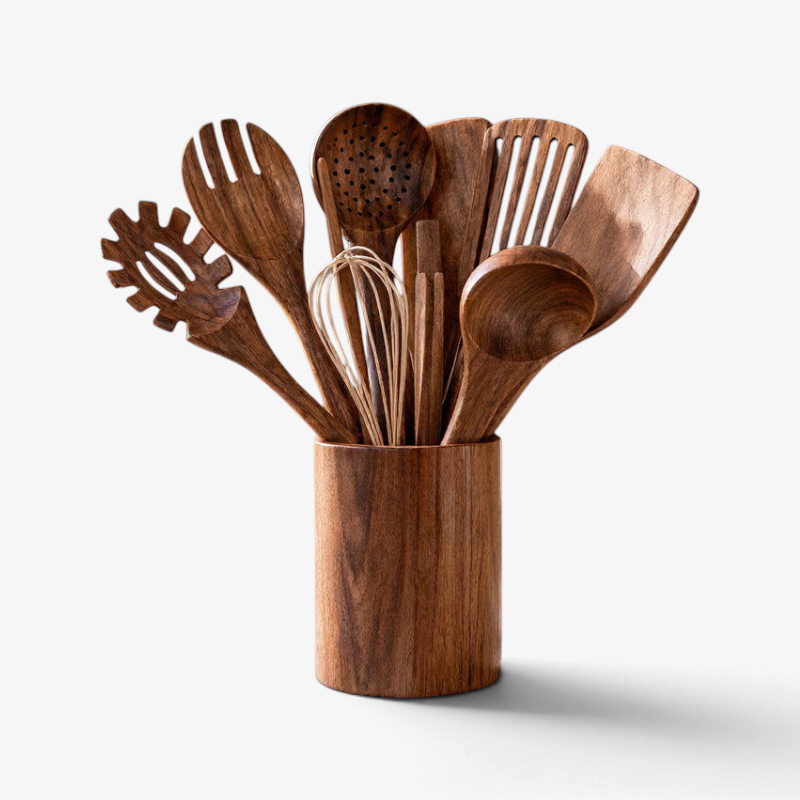 Cookhaven – set de cuisine 8 pièces en bois d'acacia avec support