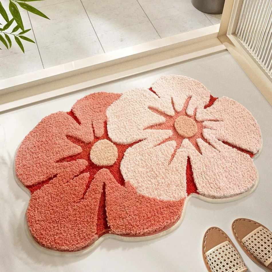 FloraWave – Plys bademåtte med elegant 3D-tuftet blomsterdesign til stilfulde badeværelser