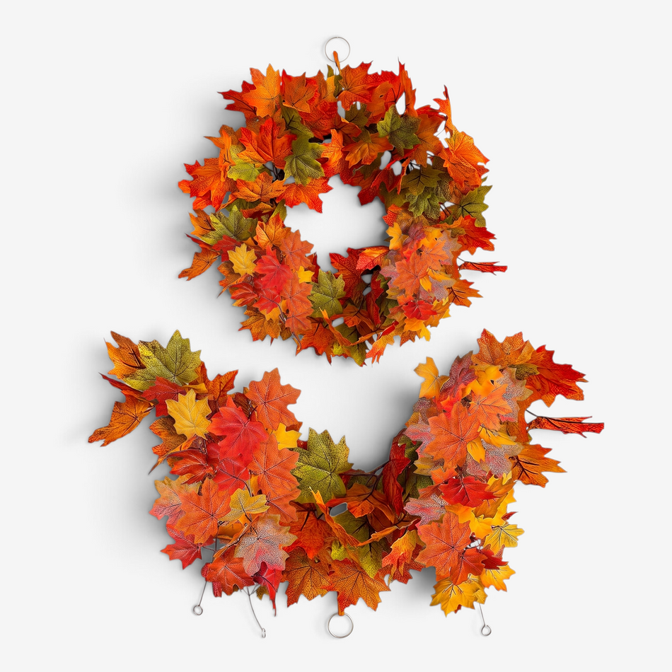 Couronne d’automne faite à la main avec des feuilles orange et vertes