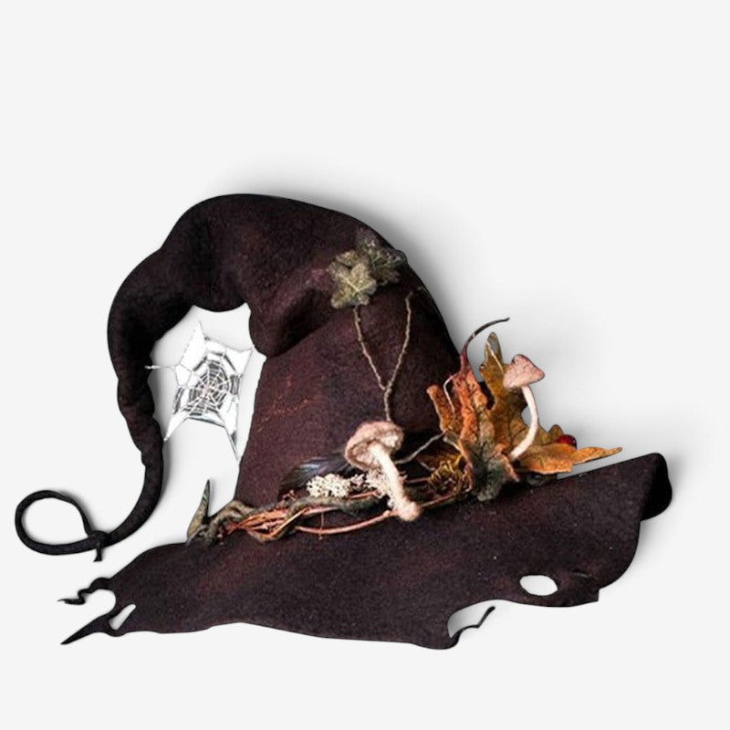 Chapeau en feutre fait main pour sorcière, avec motif floral