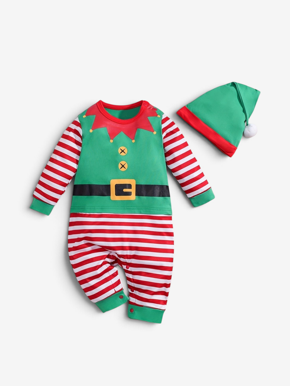 Combinaison d’Halloween de lutin mignon avec bonnet et motif rayé