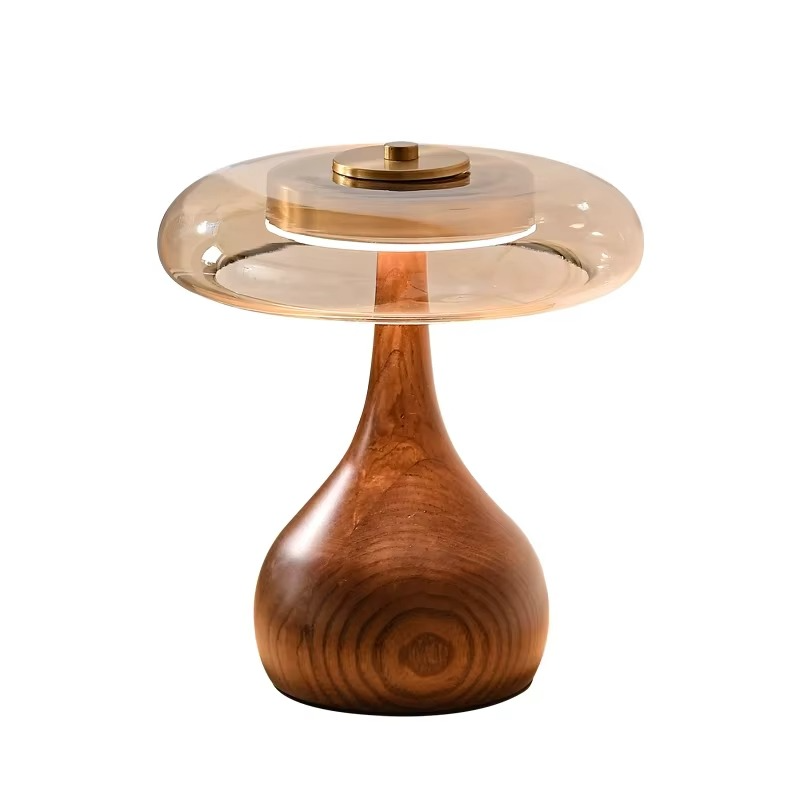 WoodenBliss - Bordlampe i svampelignende stil med glasskærm for en retro-inspireret atmosfære