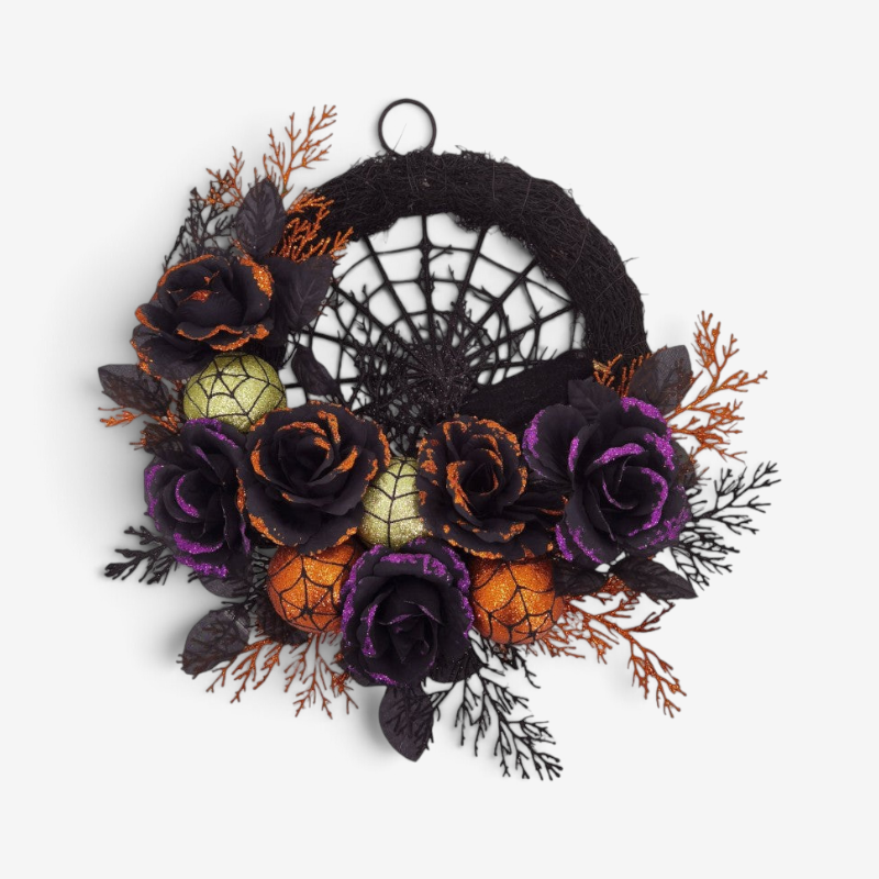 Couronne d’Halloween avec motif de toile d’araignée et roses noires