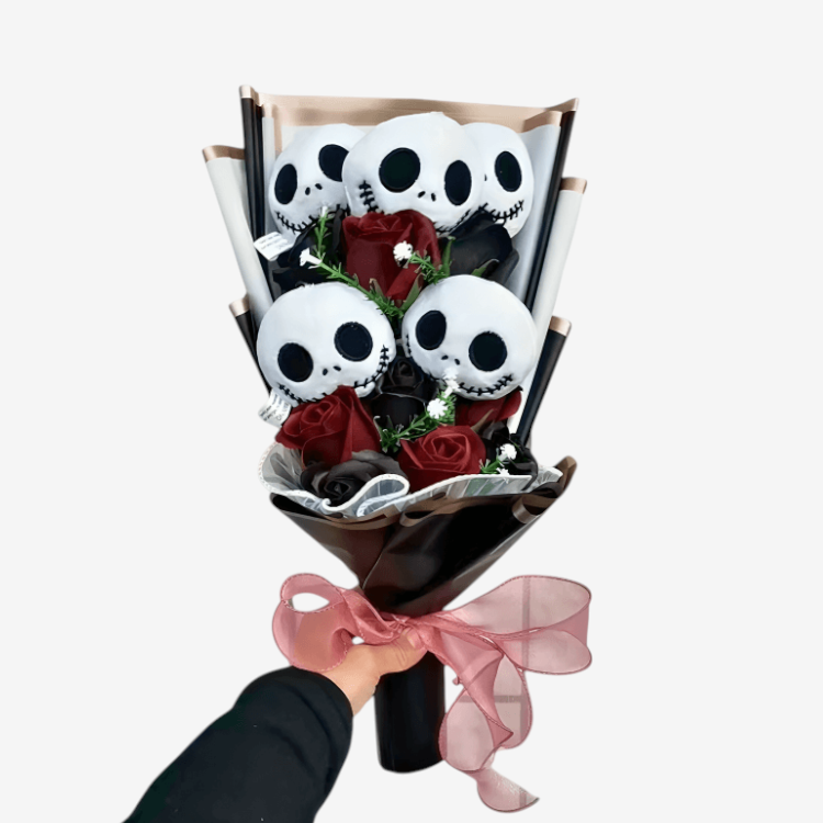 CozyBloom – bouquet de peluches Jack Skellington avec roses décoratives